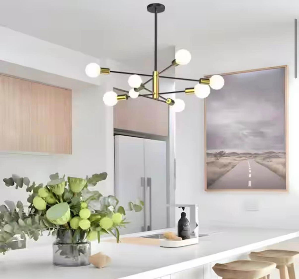 8-Light Gold Rustic Industrial Mid Century Sputnik Linear Chandelier