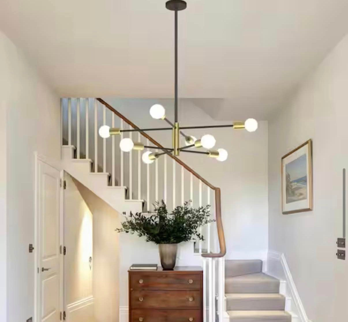 8-Light Gold Rustic Industrial Mid Century Sputnik Linear Chandelier