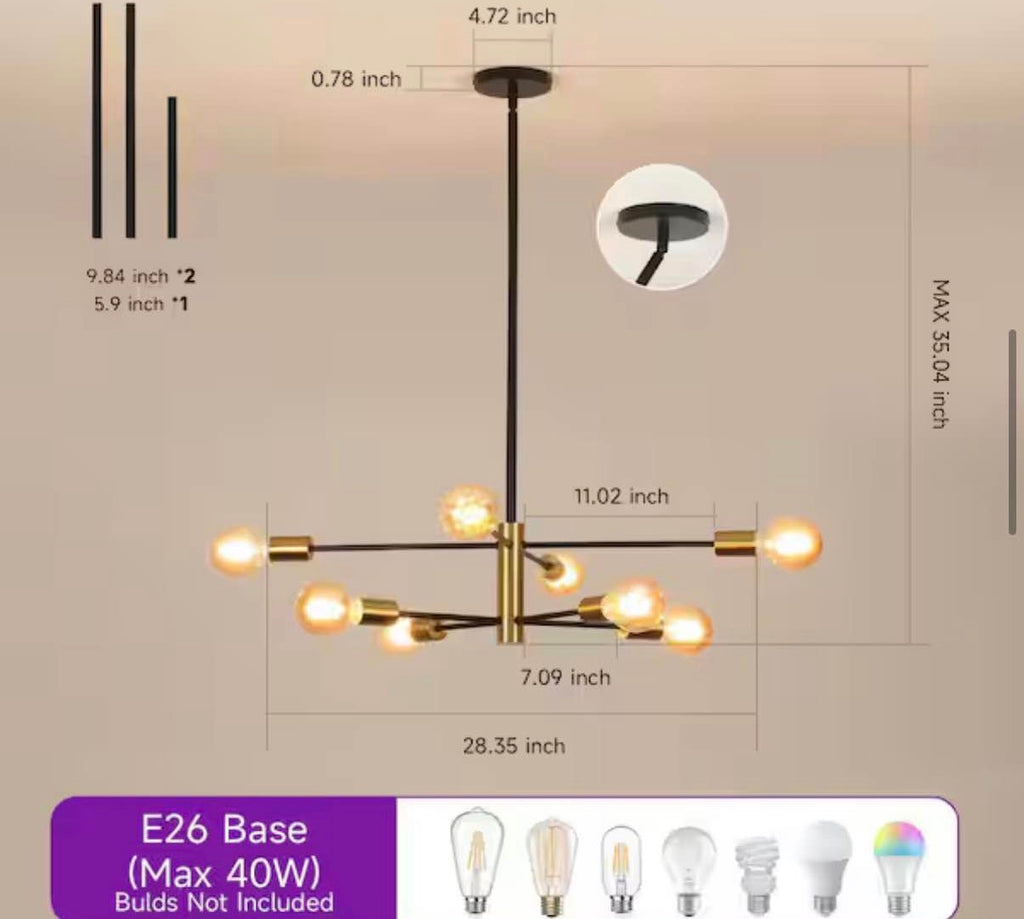 8-Light Gold Rustic Industrial Mid Century Sputnik Linear Chandelier