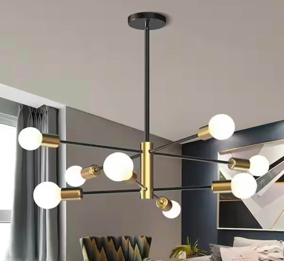 8-Light Gold Rustic Industrial Mid Century Sputnik Linear Chandelier