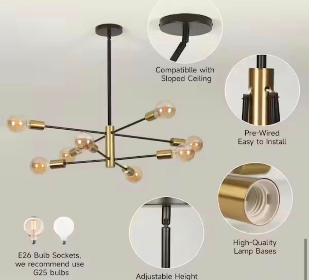 8-Light Gold Rustic Industrial Mid Century Sputnik Linear Chandelier